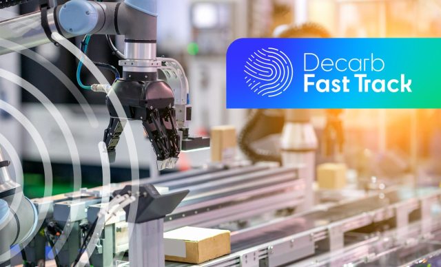 Robotic arm with Decarb Fast Track logo