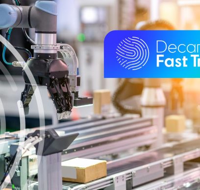 Robotic arm with Decarb Fast Track logo