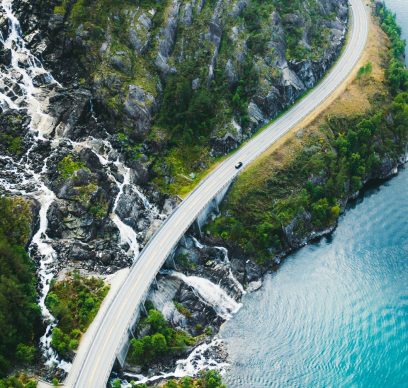 Aerial view of scenic mountain road in Norway