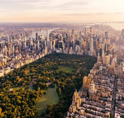 Aerial view of New York City skyline with Central Park and Manhattan