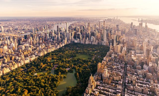 Aerial view of New York City skyline with Central Park and Manhattan