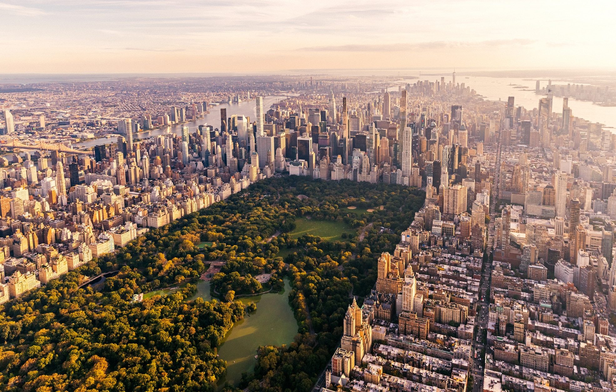 Aerial view of New York City skyline with Central Park and Manhattan