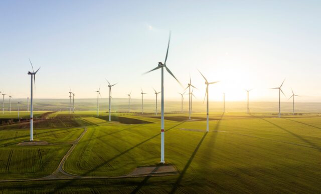 Aerial view on wind turbines