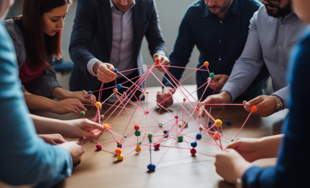 A team-building activity with employees collaborating with each other