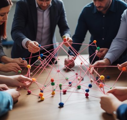 A team-building activity with employees collaborating with each other