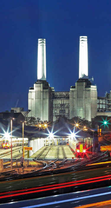 Night-time view of Battersea Power Station in London